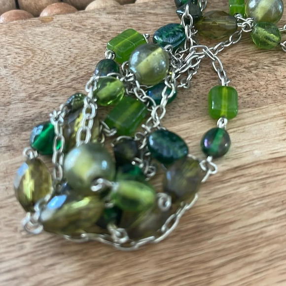 Beaded long necklace glass green silver link chain boho casual - Picture 7 of 11